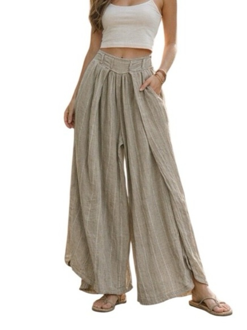 Free People Lunar Cove wide leg pants sand-colored striped flowy cotton NWT